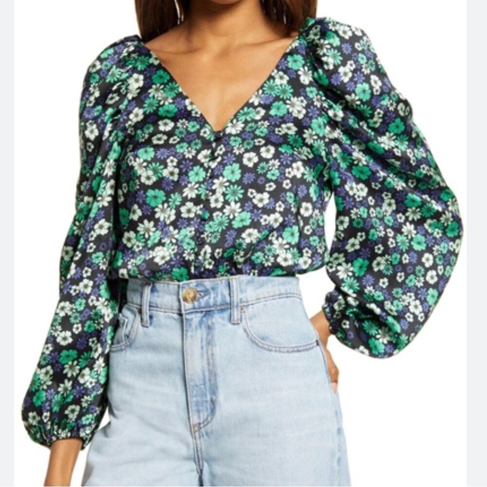 Topshop Floral Puff Sleeve Blouse In Green Multi